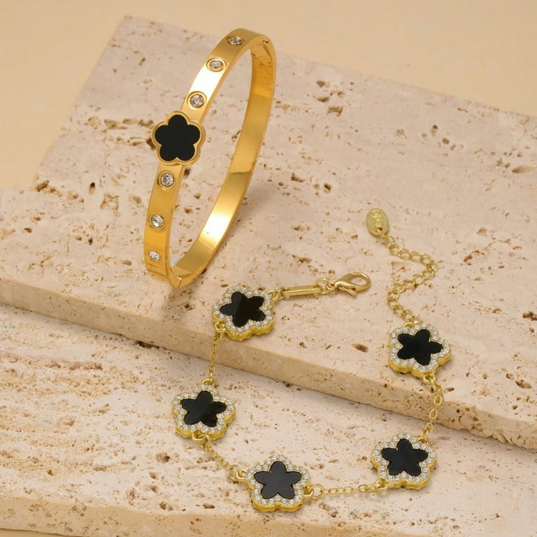 2-Piece Gold Plated Bracelet Set for Women - Four-Leaf Clover