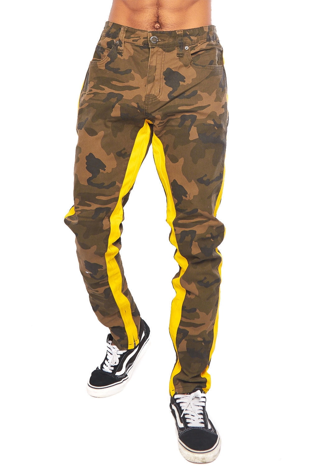 camo pants with yellow stripe