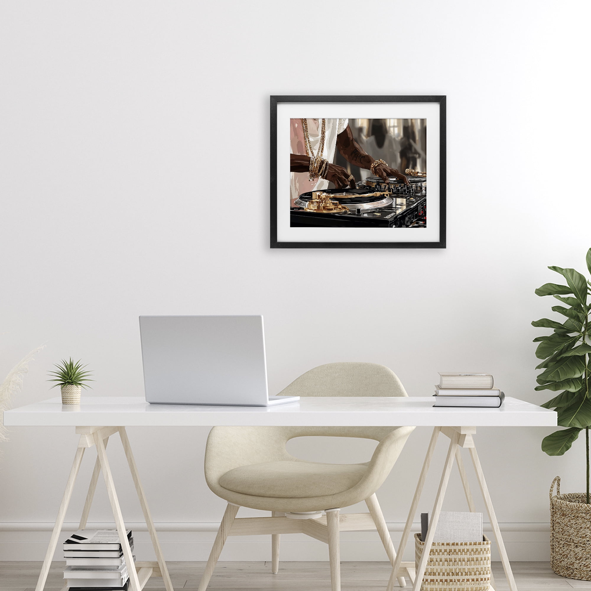 Stupell Industries Golden Sound DJ Turntables Black Framed Print Under Glass, design by Franklyn Gregory