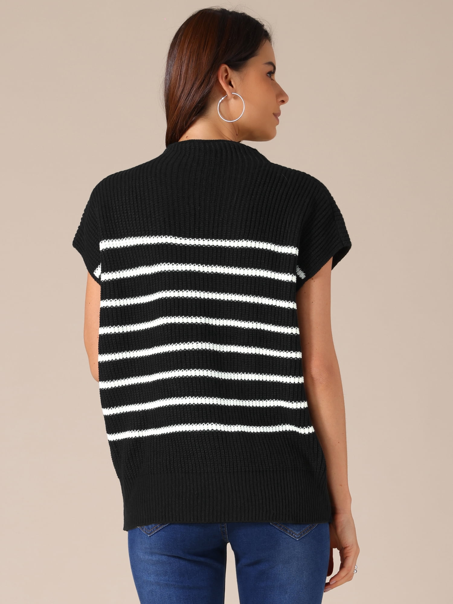 DARING DIVA Women's Mock Neck Striped Cap Sleeve Knit Tops L Black
