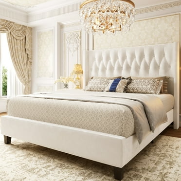 Lifezone Queen Size Bed Frame, Velvet Upholstered Queen Platform Bed with 48.8’’ High Wingback Headboard, Easy to Assemble, No Noise Free, White