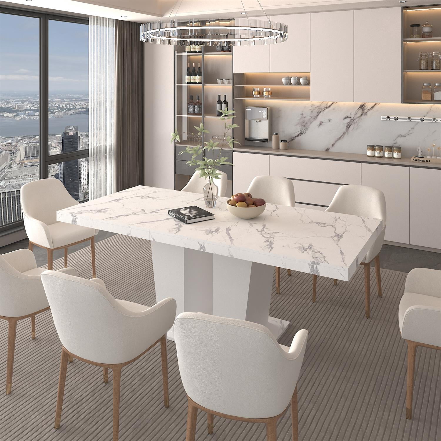 Spaco 78" Expandable Dining Table for 4-10 People with Double Sturdy Pedestal Base, Modern Rectangle Dining Table for Kitchen, Dining Room, White