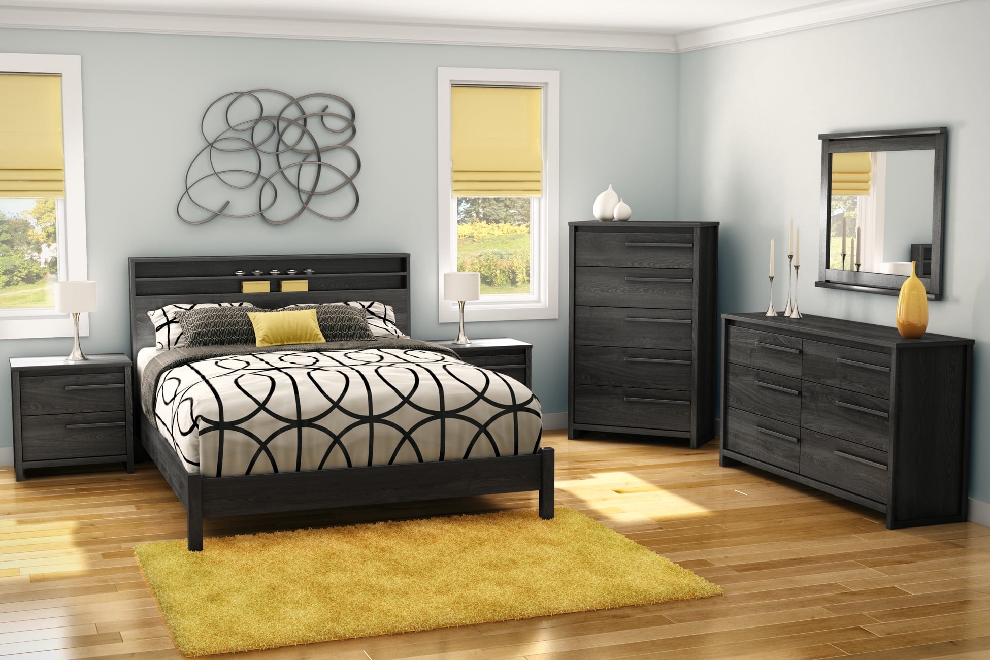 South Shore Tao Queen Platform Bed on Legs, Gray Oak