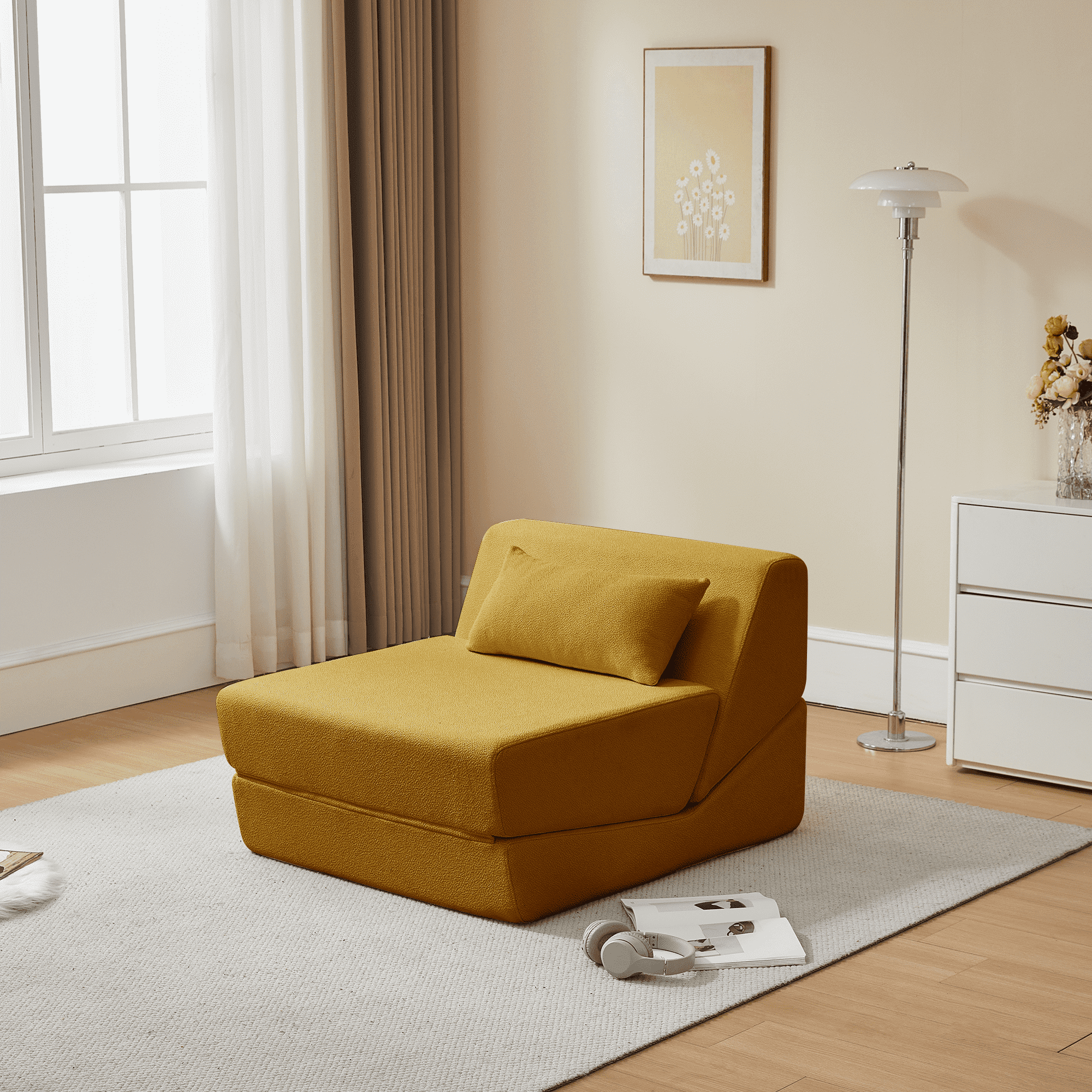 MAYEERTY Leisure Convertible Alpaca Wool Fabric Sofa Chair Modern 2-in-1 Functional Compressed Sofa Bed Perfect for Small Space Living Room Dormitory Apartment Study