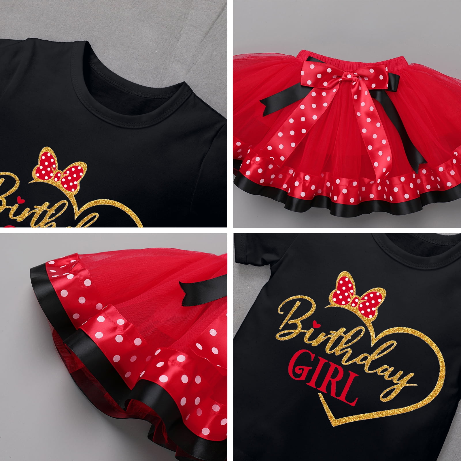 IBTOM CASTLE Toddler Girls Birthday Outfit Polka Dots Tops Tutu Skirt Mouse Ears Headband for Cake Smash Photo Shoot 4 Years Black + Red - Love Heart