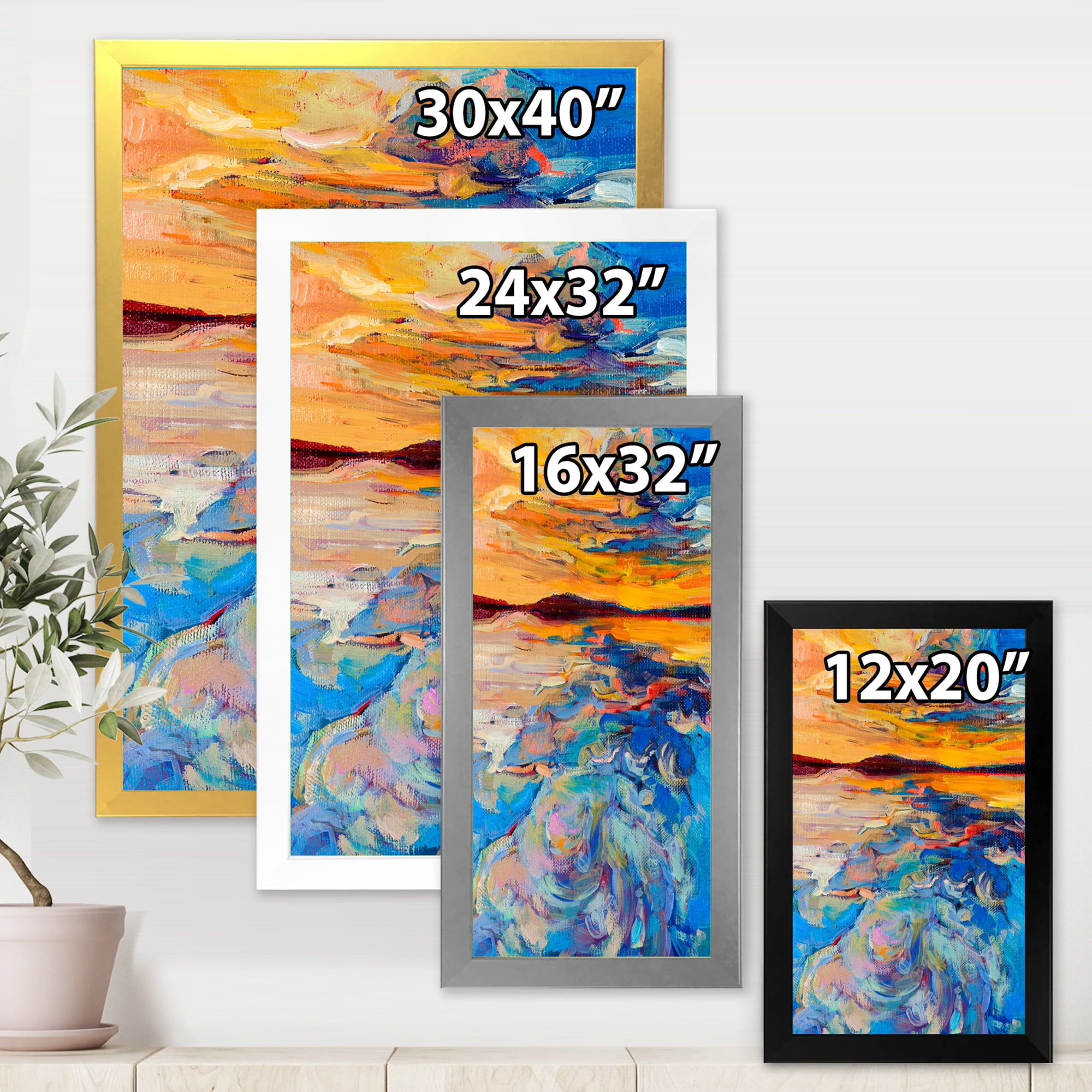 Designart 'Whirly Blue Waves Under Orange Sunset' Nautical & Coastal Framed Art Print