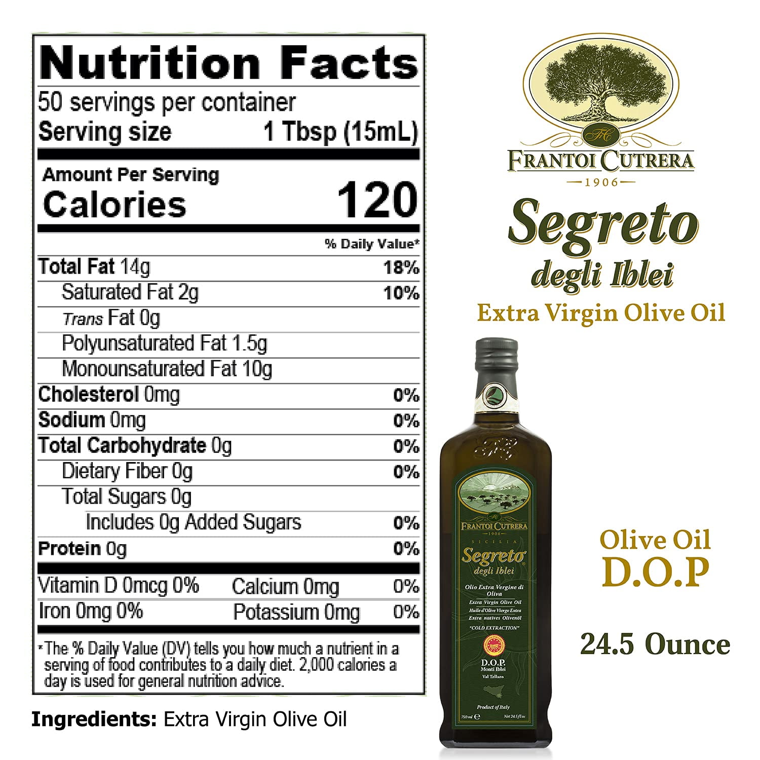 Frantoi Cutrera - Segreto Degli Iblei - Extra Virgin Olive Oil - Sicilian D.O.P Certified Italian, Pure 2022/23 Early Harvest First Cold Pressed, High In Polyphenols, 24.5 Fl Oz (Pack of 1)
