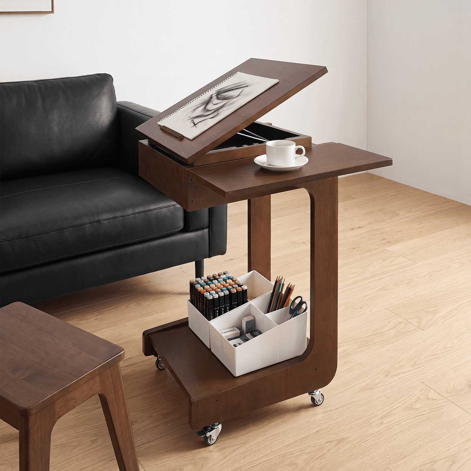 Solid Wood C Shaped End Table, Rolling Side Table with 360° Adjustable & Foldable Desktop, Couch Table with Laptop Stand for Couch, Living Room, Bedroom, Office (Walnut)