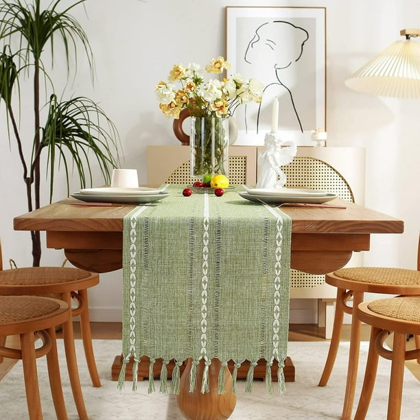 Camino de mesa de lino estilo rústico de granja, caminos de mesa bordados bohemios de 90 pulgadas de largo con borlas para decoración de aparador de fiesta y comedor, 13 x 90 pulgadas - Marfil