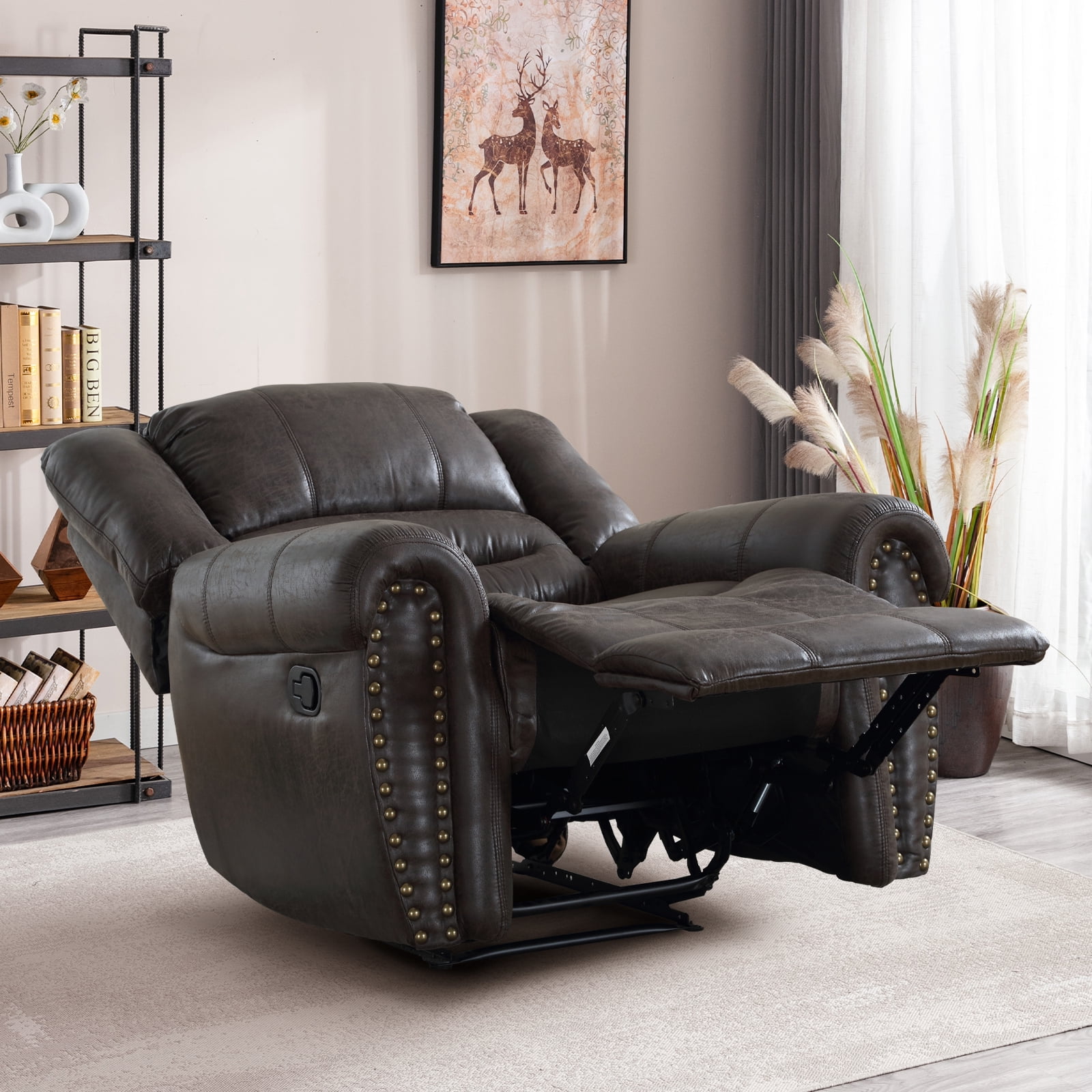 Bonzy Home Manual Recliner Faux Leather Single Reclining Chair Sofa for Living Room Bedroom, Black