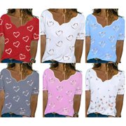 Summer Women's T-shirt Heart Printed Cute Short Sleeve Irregular Neck T-shirt grey XXL