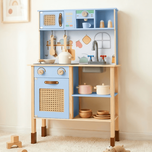INFANS Play Kitchen for Kids, Wooden Pretend Playset with Adjustable Heights Rattan Door Blackboard Realistic Lights Sounds, Toddler Cooking Toy Gift for Boys Girls Aged 3+
