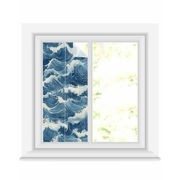 Window Privacy Film Ocean Waves Stained Glass Window Film Decorative Sun Block Window Cover Summer Beach Coastal Nautical Burlap Window Clings Static Adhesive Sticker for Bathroom 19.6"x39.3"