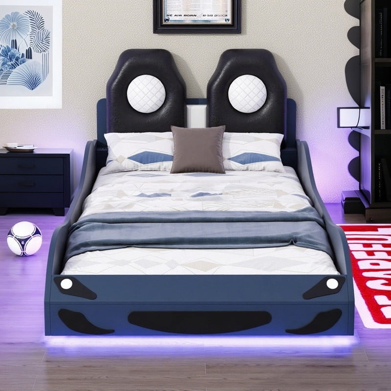 HICOMILA Twin Size Car-shaped Platform Bed with LED and Upholstered Backrest Headboard,  Platform Bed  with Wheels and Safety Guardrails, No Box Spring Needed, Blue