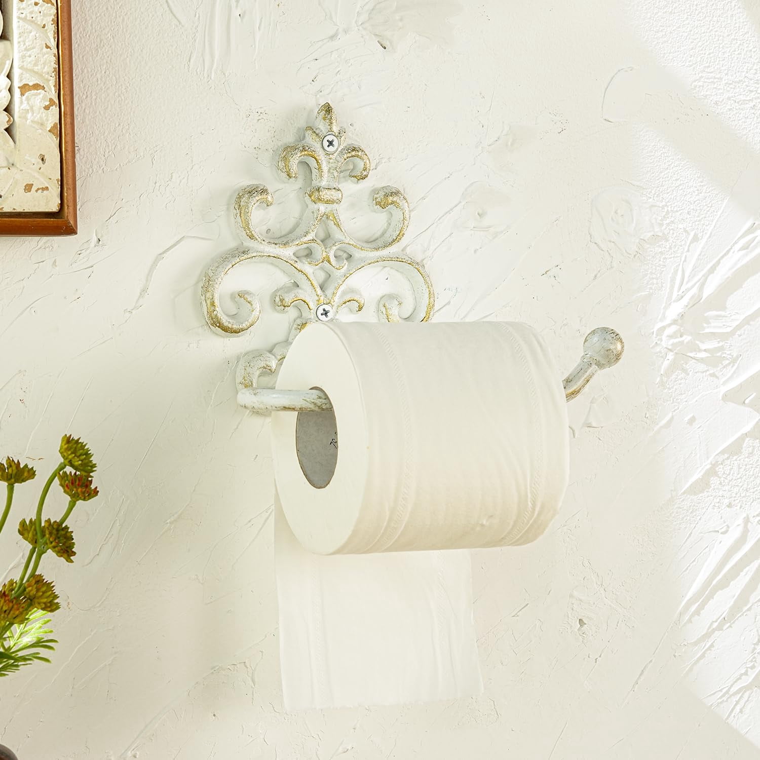Sungmor Vintage Cast Iron Toilet Paper Holder - Wall Mounted Rustic Bathroom Tissue Holder with White & Gold Finish, Decorative Accent for Farmhouse, Victorian Décor, Heavy Duty Metal Scroll Design