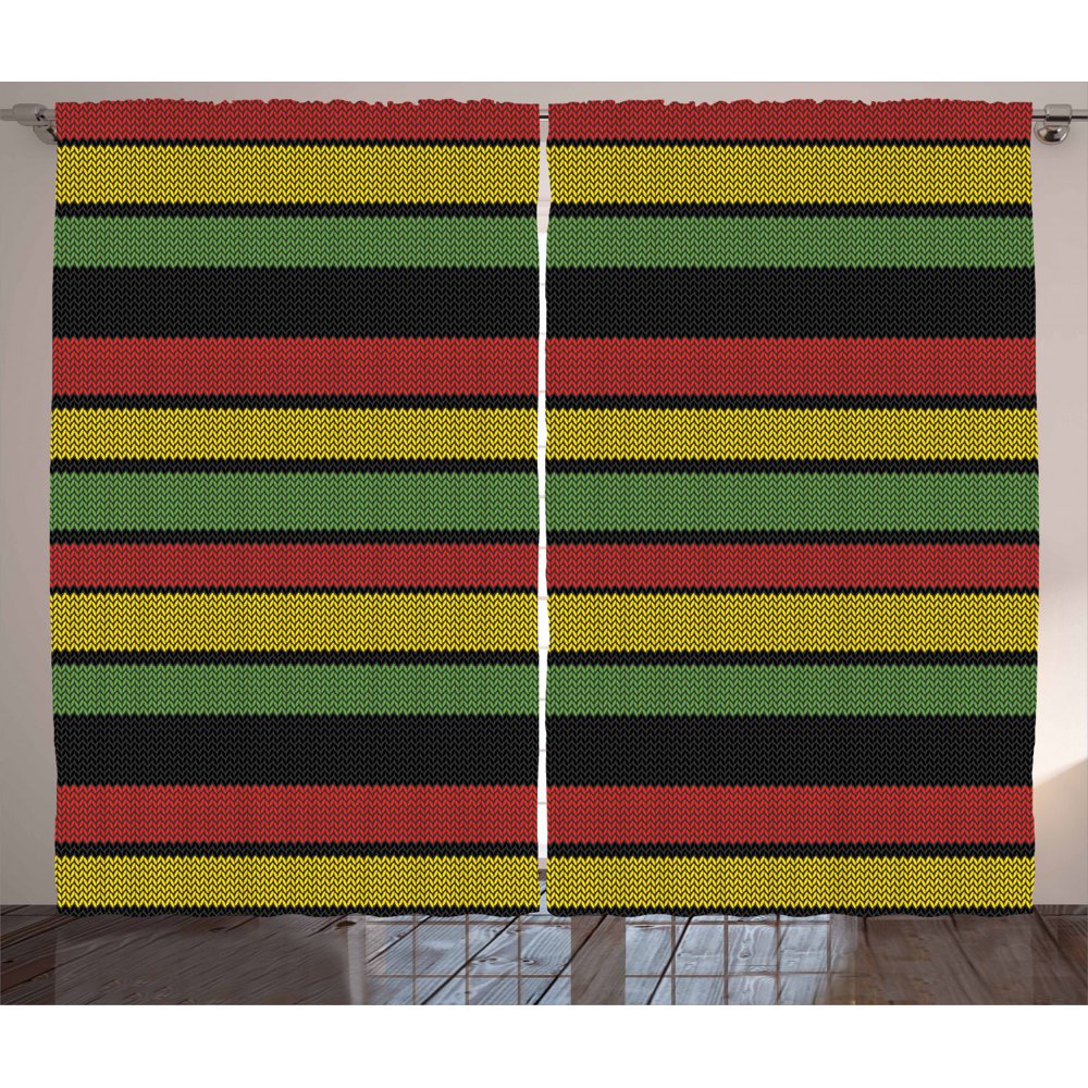Jamaican Curtains 2 Panels Set, Knitted Effect Rastafarian Stripes