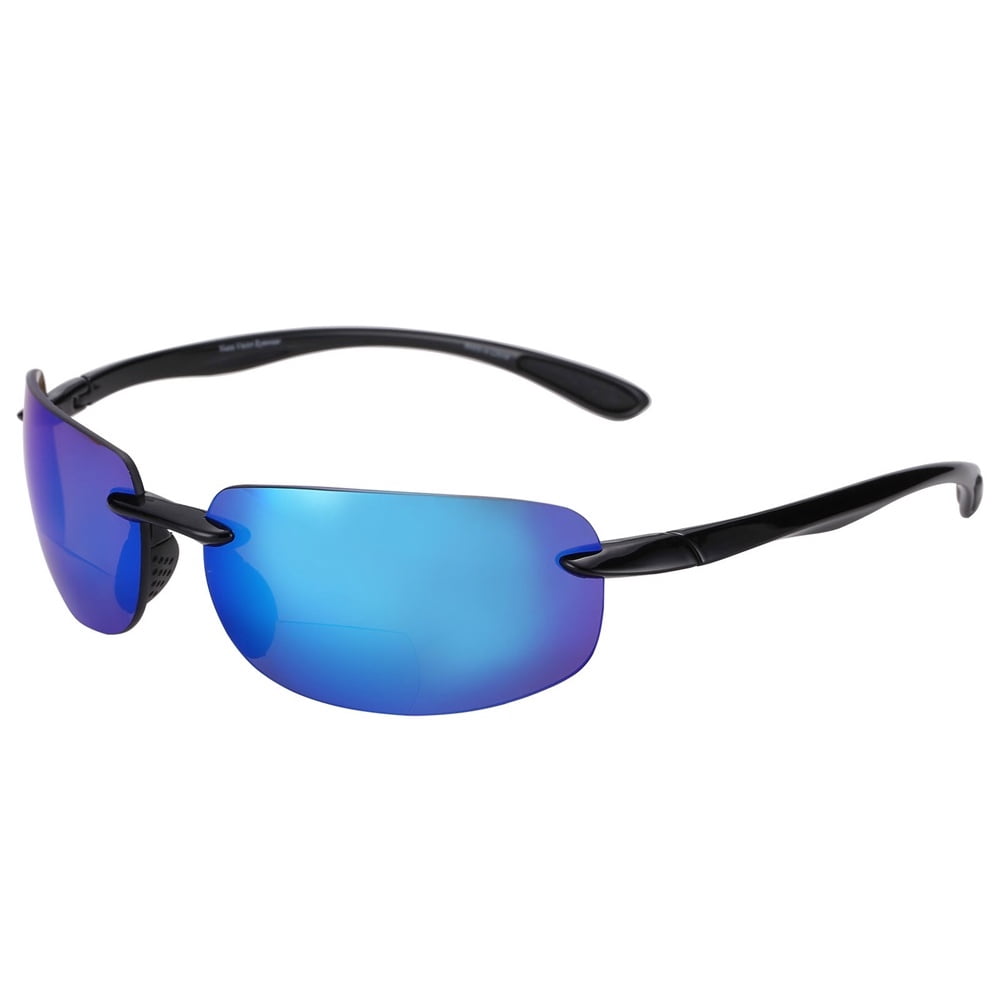 "The Influencer" 2 Pair of Sport Wrap Bifocal Sunglasses for Men and Women - Black/Open Road Blue (Polarized) - 1.00