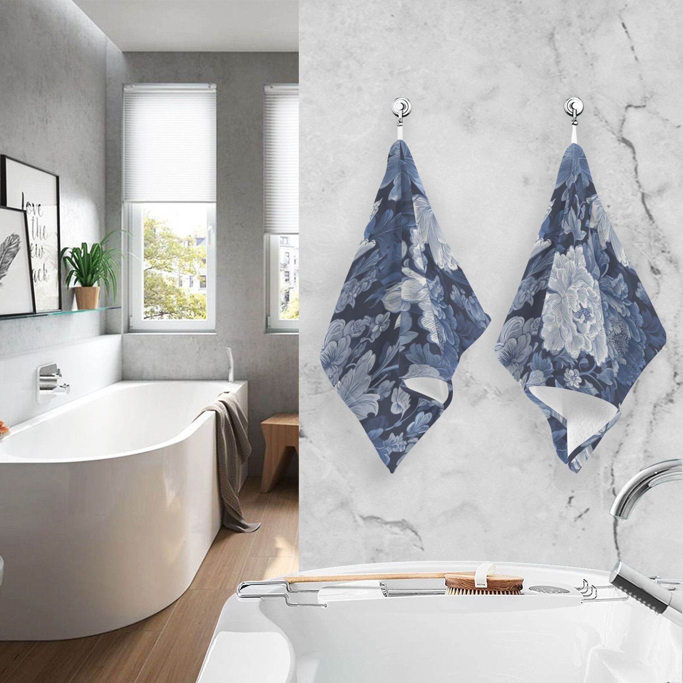 2 Pieces of Cotton Towel Face Towel Set Hand Towel Bath Towel Cotton Bath Towel Sets Blue Flowers Beautiful