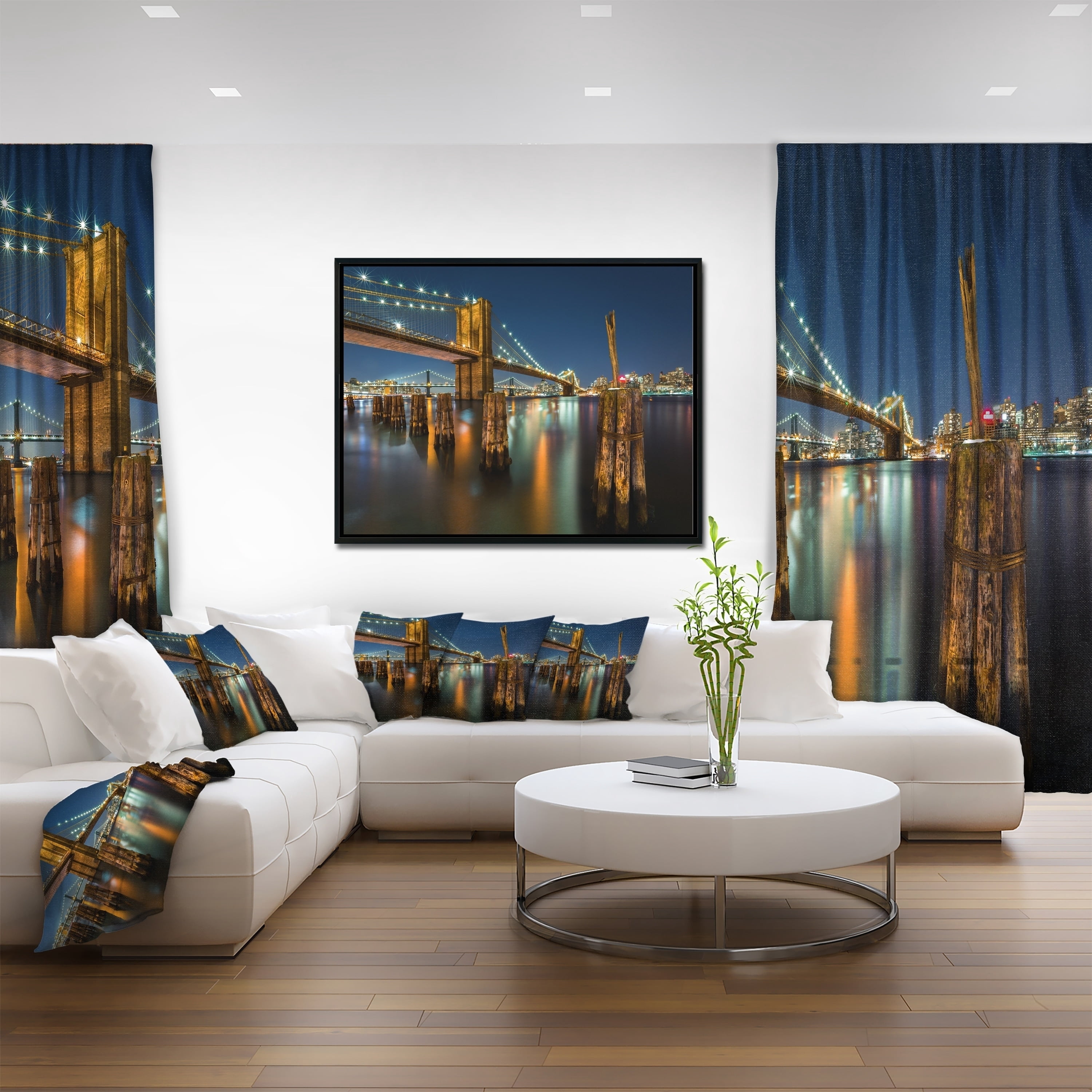 Design Art Lit up Brooklyn Bridge by Night Framed Canvas Art Print