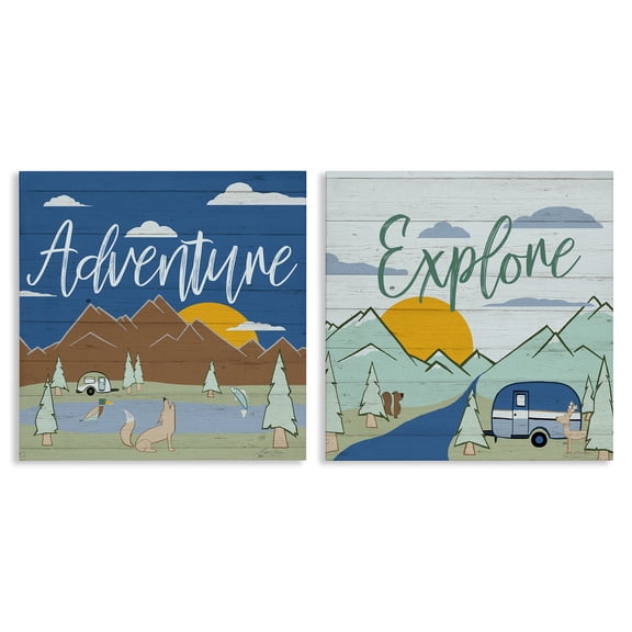 Stupell Industries Adventure Explore Camping Landscape & Nature Painting Wrapped Canvas Art Print Wall Art, 17 x 17, Set of 2