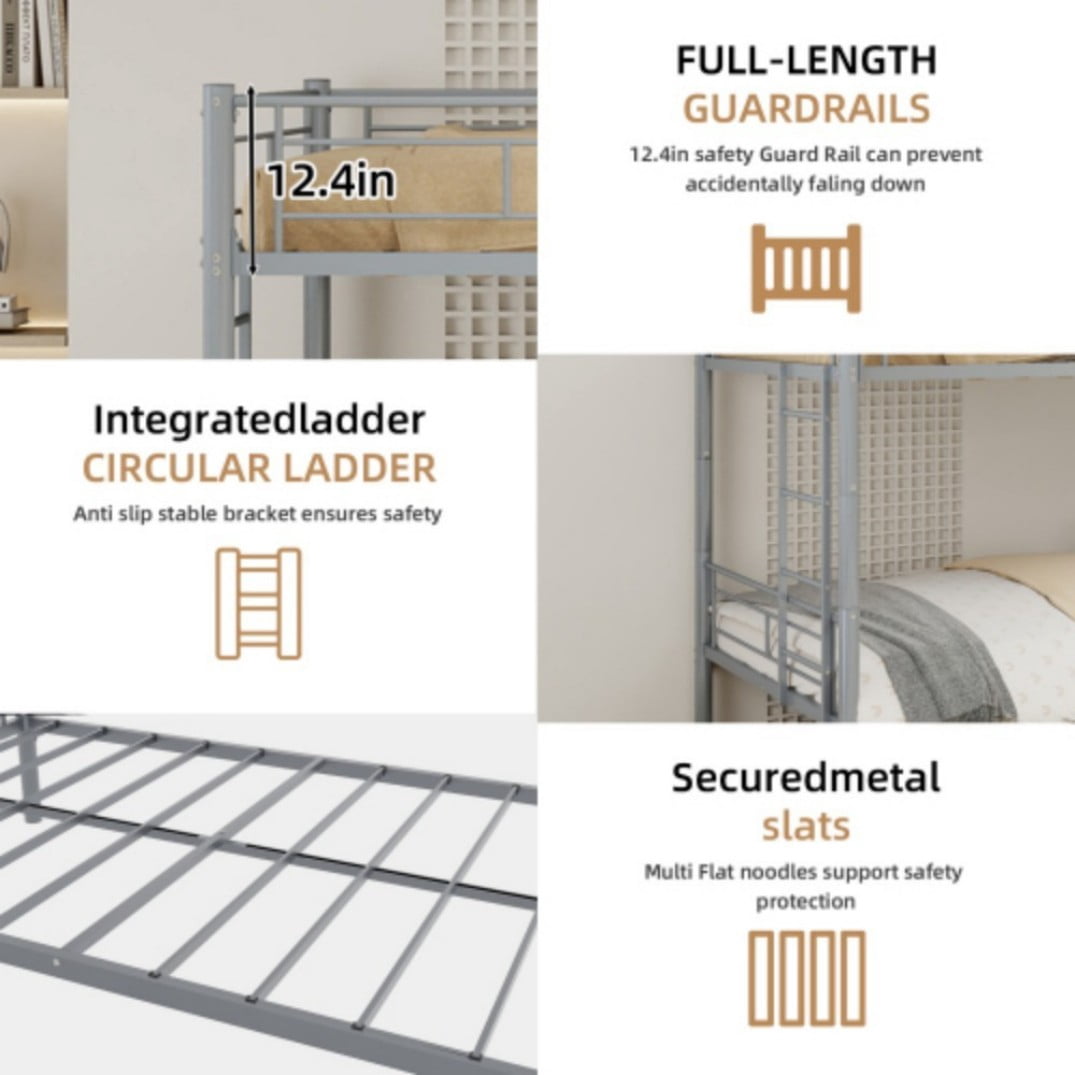 Twin Triple Bunk Bed, 3-in-1 Convertible Metal Bunk Bed Frame, Space-Saving Design with Guardrails & Ladder, Heavy-Duty Iron, Silver