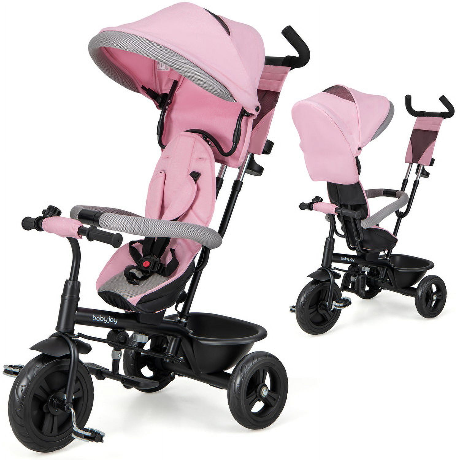 Yardi Yard 4-in-1 Baby Trike Kids Tricycle with Removable Canopy and Adjustable Push Handle-Pink, Toddler Stroller for Infant & Toddler