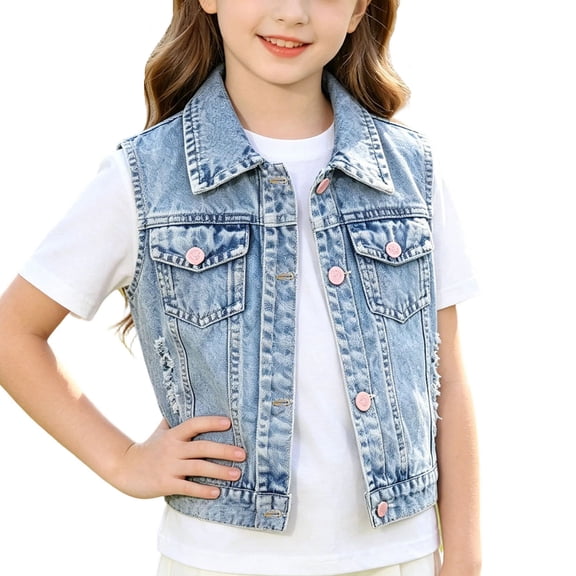 SROBPTY Teen Girls Jacket Print Sleeveless Denim with Bow and Pockets for 18M-14Y