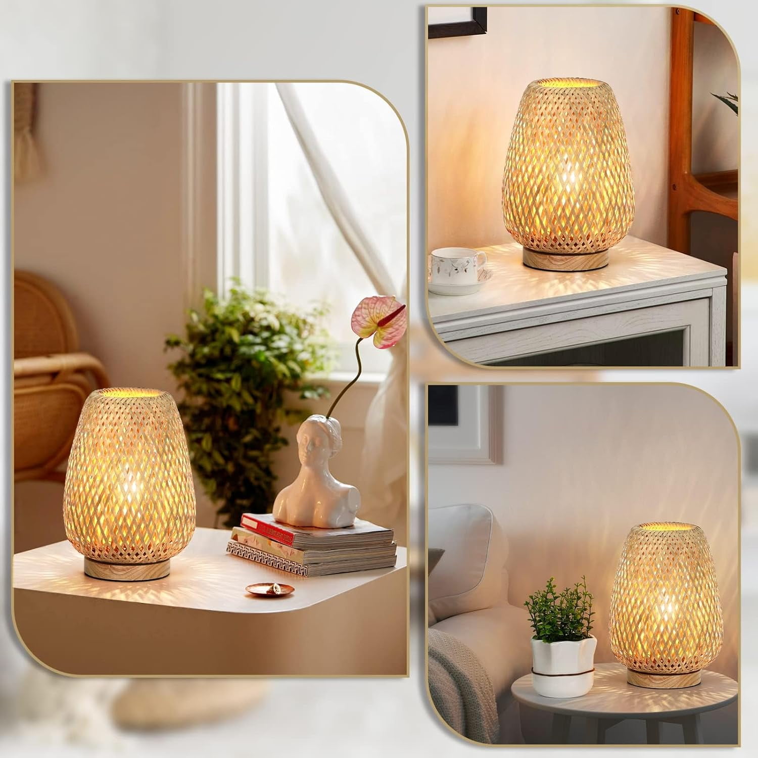 MEHOOM Rattan Table Lamp for Bedroom, Dimmable Unique Bedside Lamp, Farmhouse Desk Lamp for Bedroom, Living Room, Boho Rustic Decor (Natrue Bamboo)