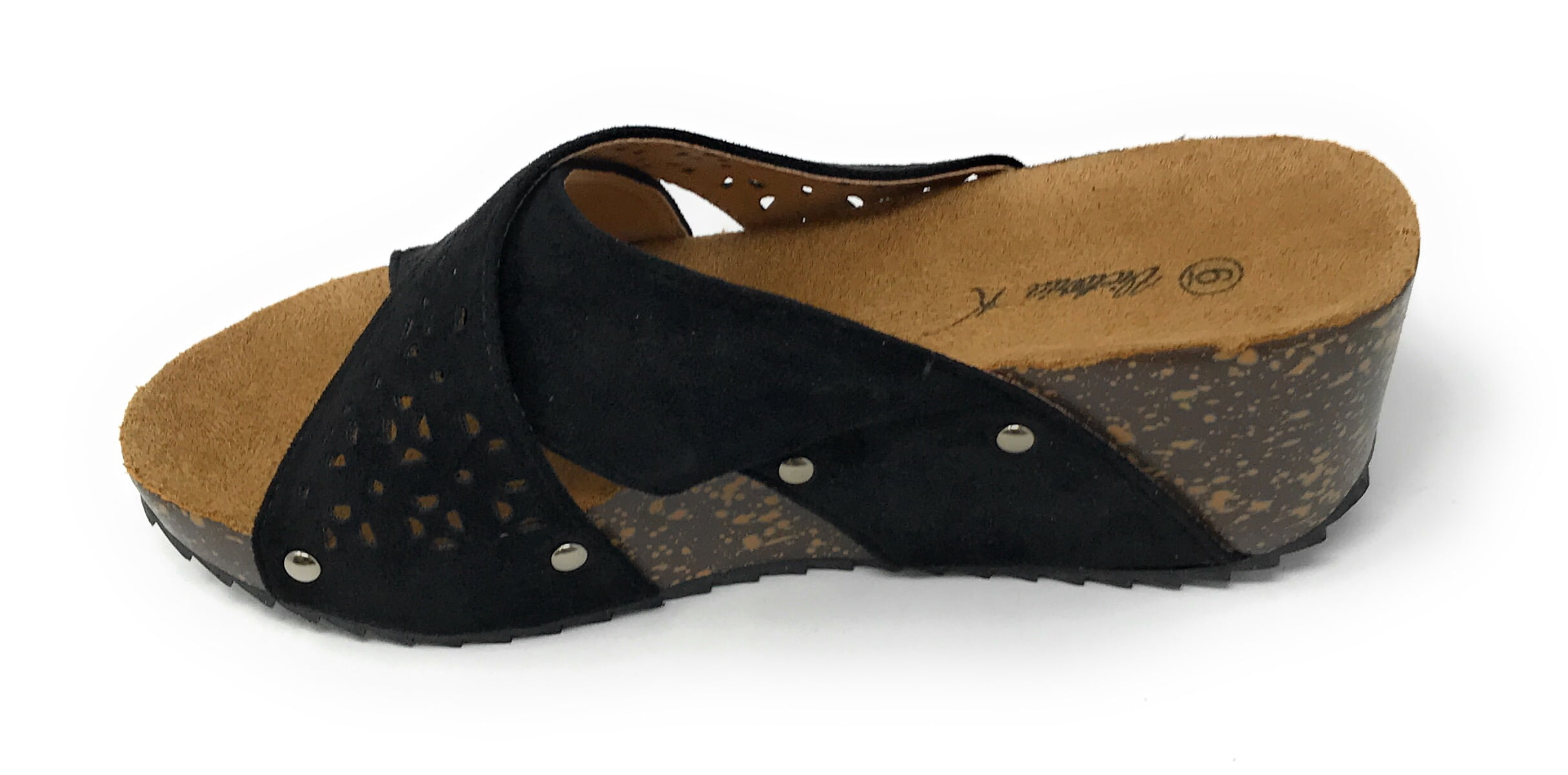 Victoria K Women's Laser Cut Out With Cross Over Strap Cork Wedge Sandals