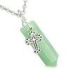 Amulet Crystal Point Wand Holy Cross Charm Green Quartz Pendant 18 Inch Necklace