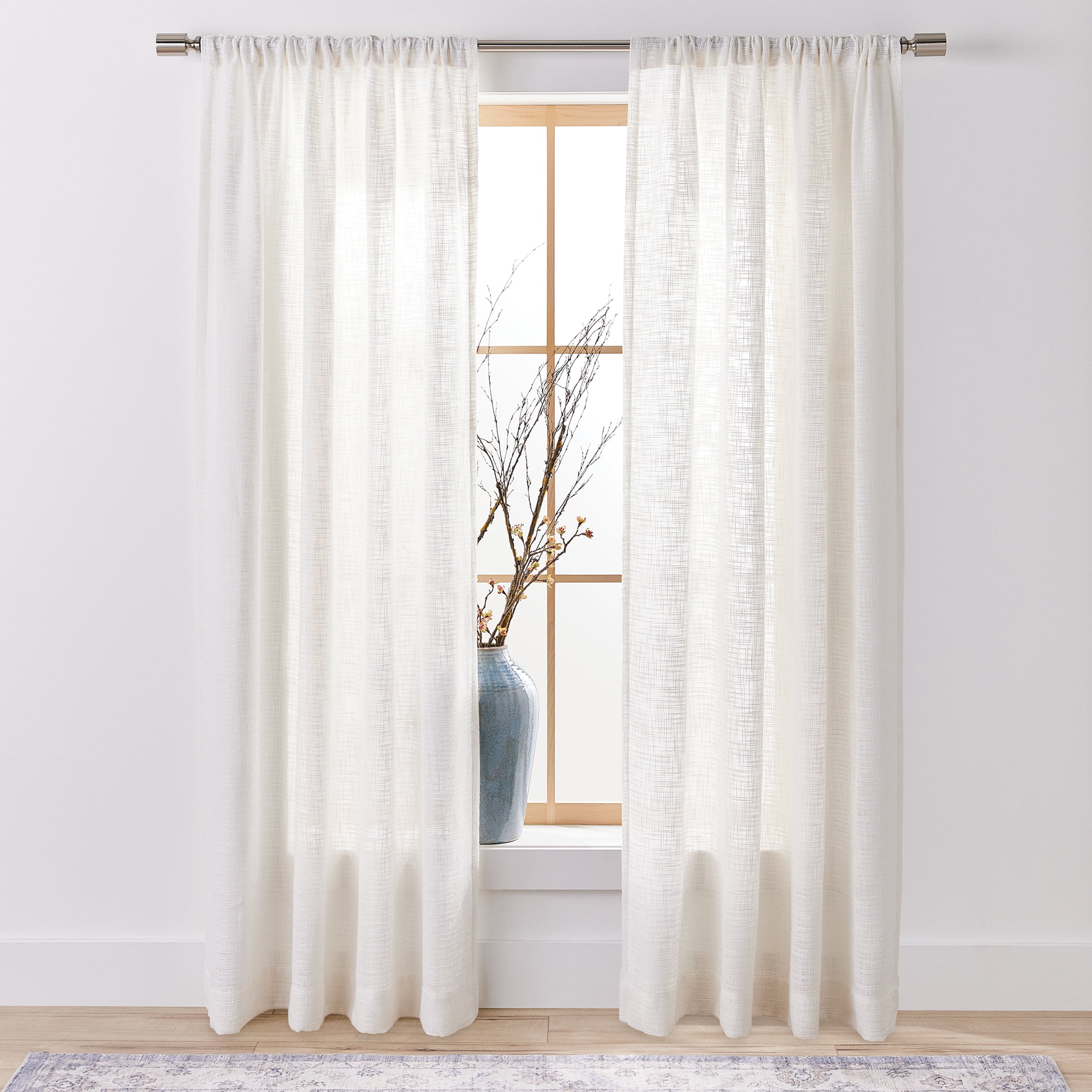 (2 pack) Better Homes & Gardens Woven Slub Rod Pocket Light Filtering Curtain Panel, 1-Piece, White, 52" W x 84" L