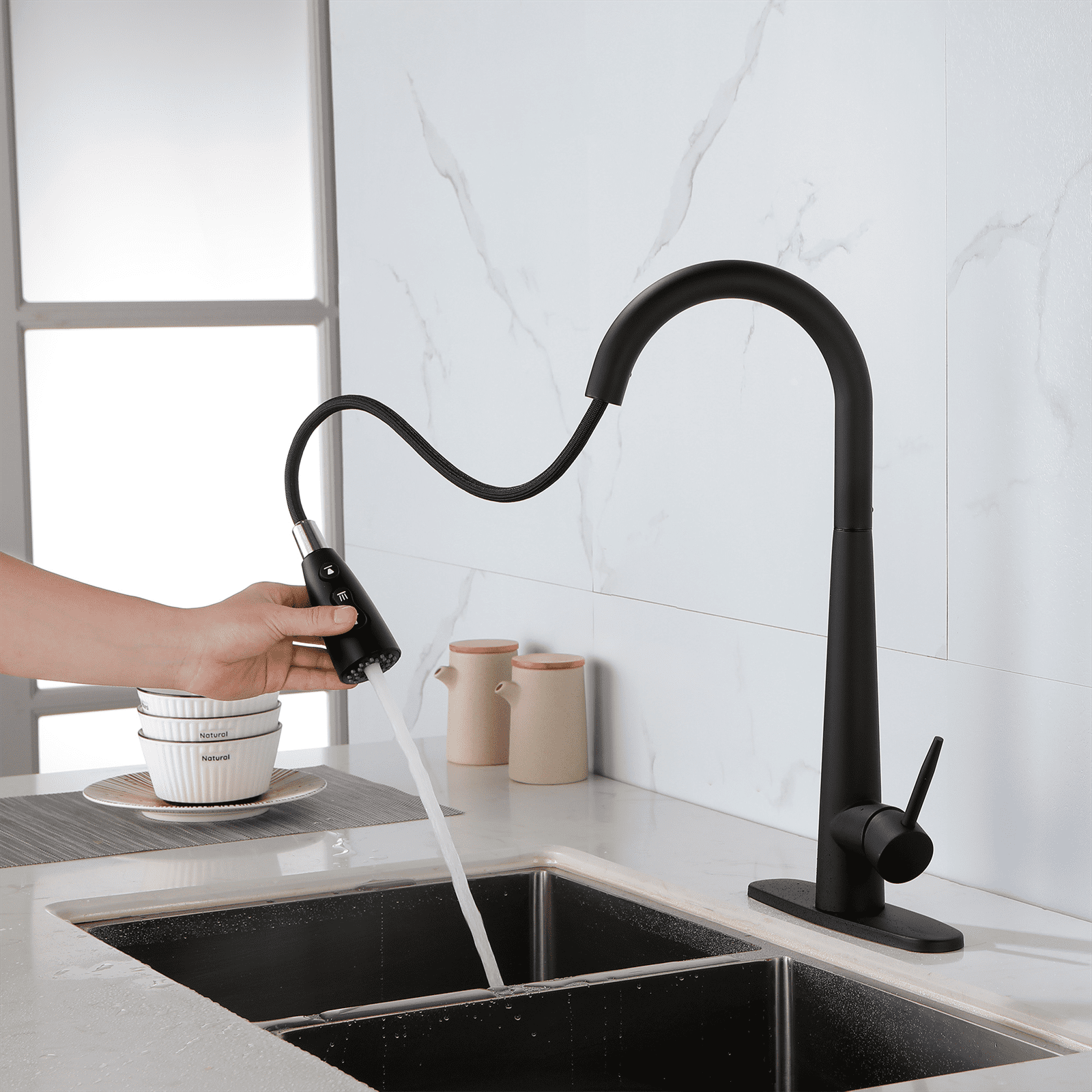 Single Handle Pull-Down Kitchen Faucet with Sprayer, Brushed Nickel, Fingerprint Resistant, Lead-Free, 1 or 3-Hole Deck Mount, Easy DIY Installation