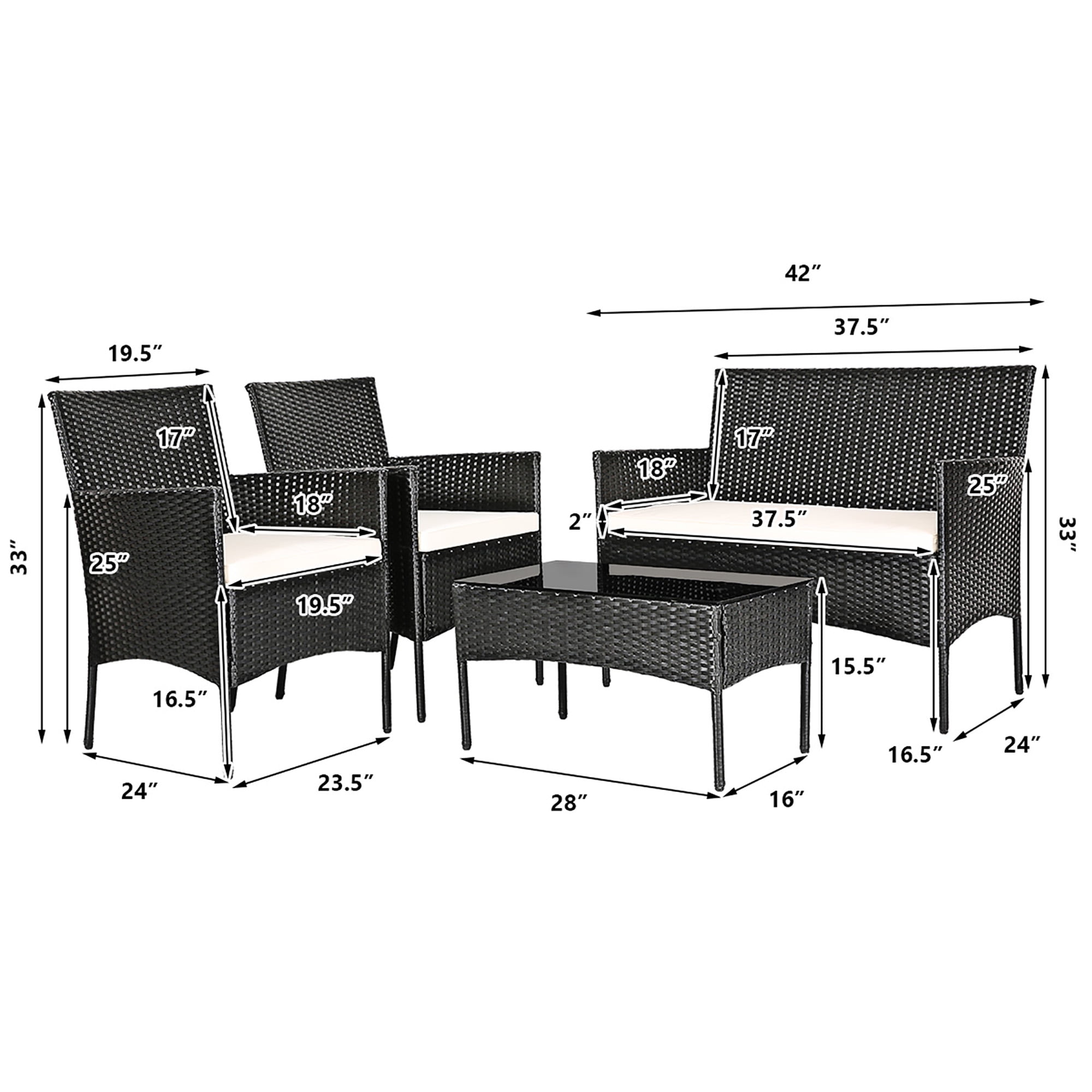 Gymax 4PCS Rattan Patio Conversation Set Outdoor Furniture Set Garden w Cushion