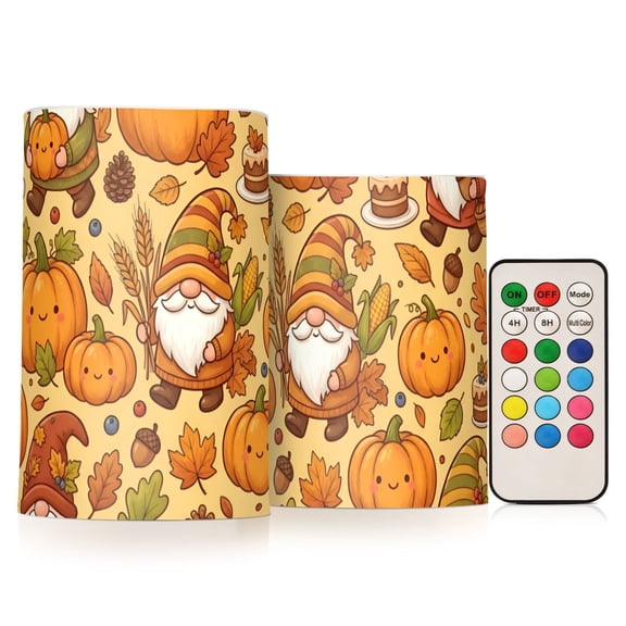 Gnome Pumpkin and Maple Leaf Flameless Candles Flickering with Remote and Timer Battery Operated LED Pillar Candle Set of 2