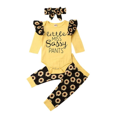 

Canis Baby Girls Long-Sleeved Letter Romper + Sunflower Trousers + Bow Headband