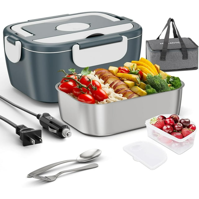 shiyou-Nulmvic 75W Electric Lunch Box 12V/24V/110V 3-in-1 Portable Leak-Proof 1.5L Thermos Food Container for Car/Truck/Home/Office/School with Fork, Spoon & Insulated Lunch Bag for Women Men (Blue)