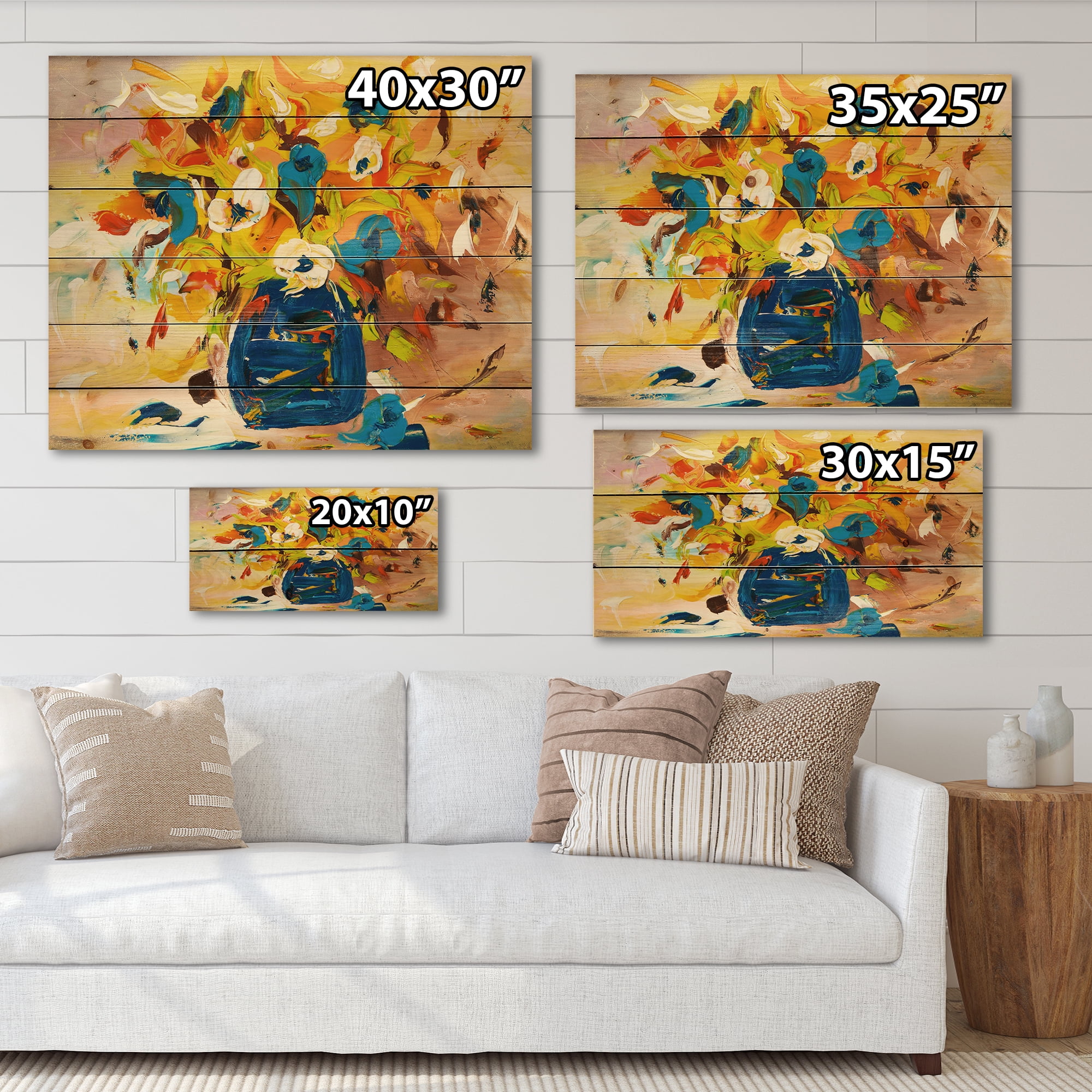 Designart 'A VIbrant Flower Bouquet In Blue and Yellow' Traditional Print on Natural Pine Wood