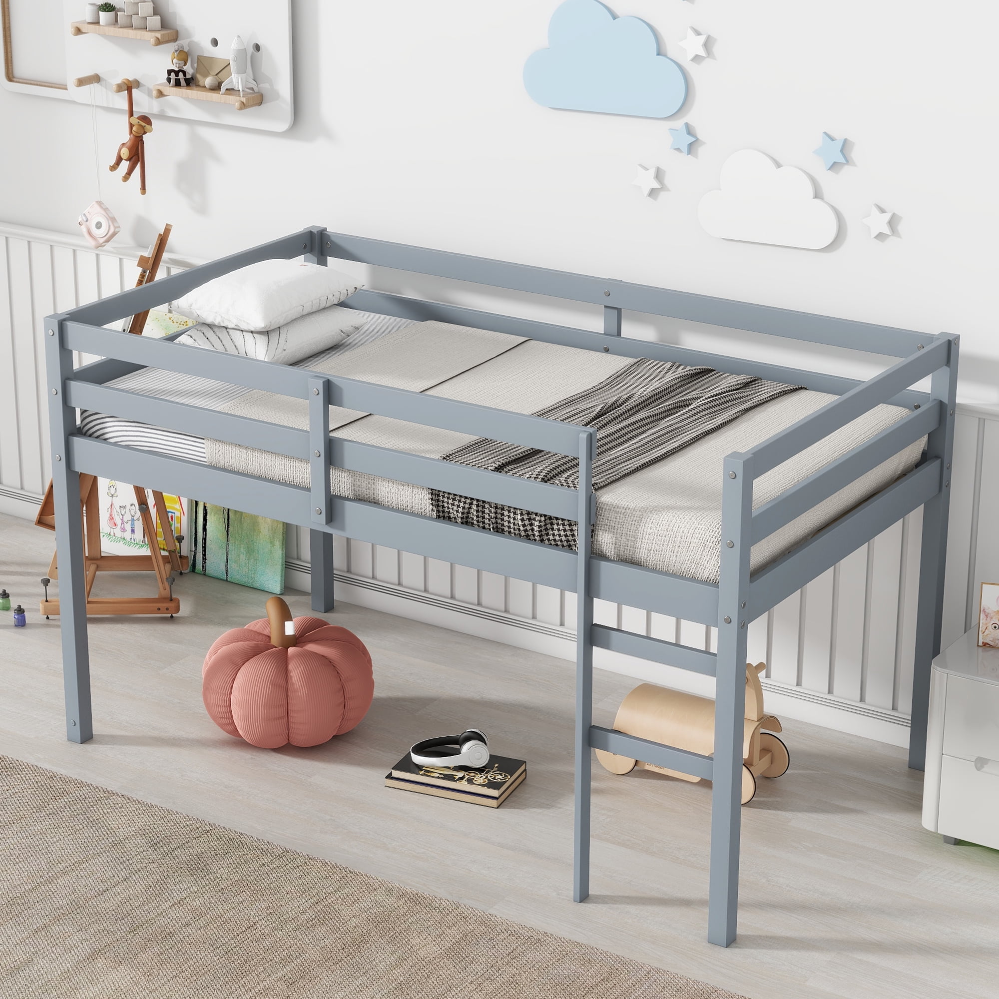 Sailvan Solid Wooden, Rubber Wooden Twin Loft Bed with Ladder, Bed Platform of Strengthened Slats