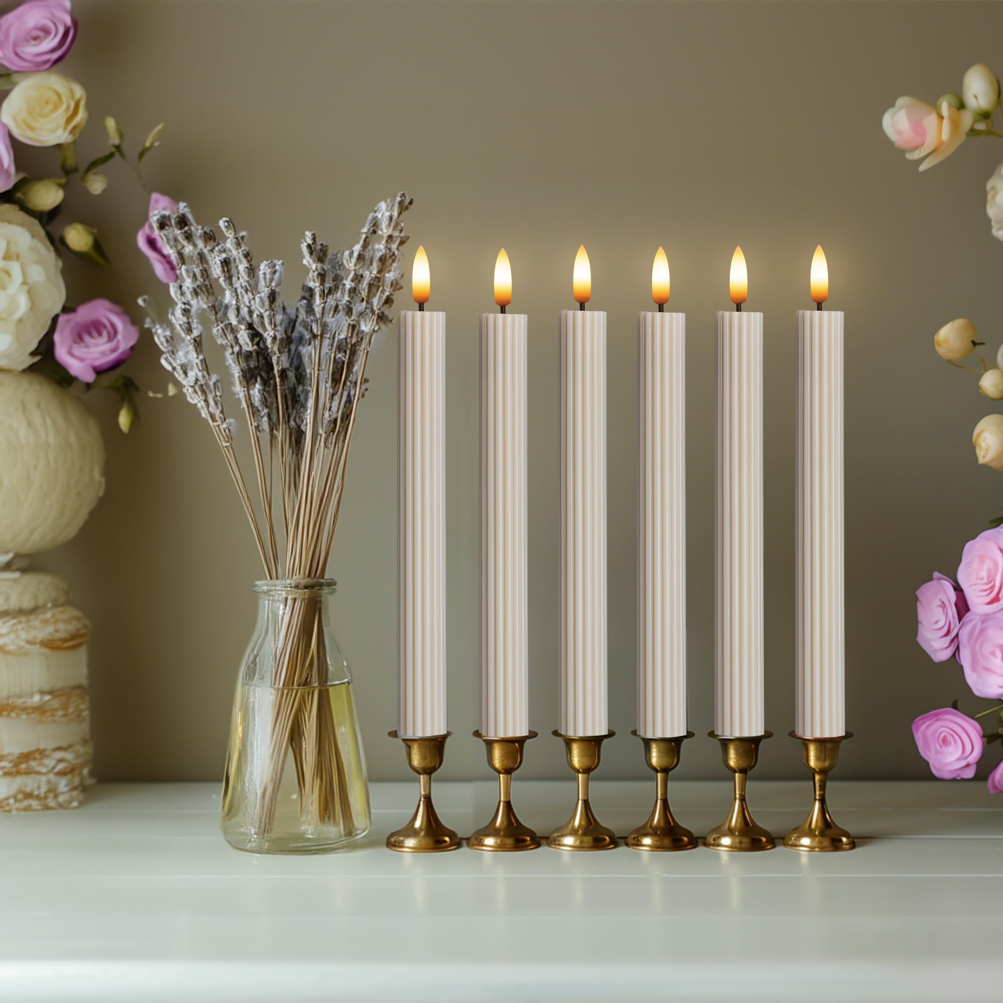WYZworks 10" Fluted Ribbed LED Cream Beige Grooved Pillar Candles, Remote & 24h Timer Memory, On/Off Switch - Flameless Dimmable Battery Operated w/Flicker Mode, Home Wedding Decor (6 Pack)