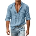 thumbnail image 3 of VBVC Men's Long Sleeve Button Down Shirt with One Button Pocket, Casual Long Sleeve Sleeve Work Tops For Men, Blue , S-2XL, 3 of 9