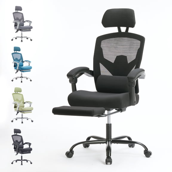 EDX Ergonomic High Back Office Chair with Reclining & Lumbar Support, Swivel, Headrest, Footrest, Padded Arms, Black