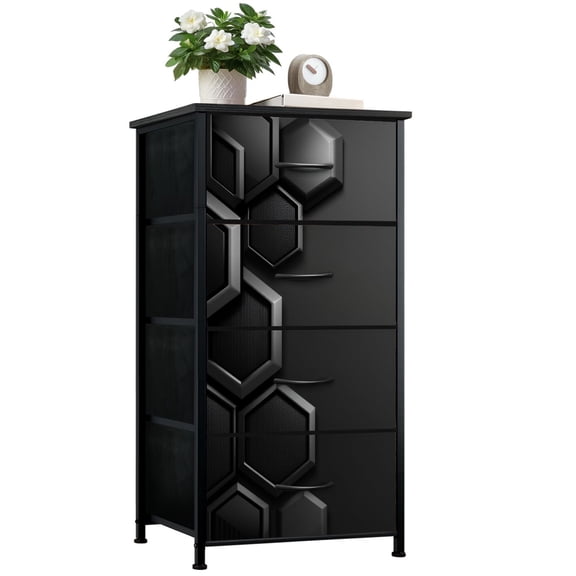 Dresser for Boys Bedroom with 4 Storage Drawers Modern Black Hexagonal 3D Geometric Abstract Dressers Chest of Drawers Steel Framed Fabric Closet Organizers for Dorm Entryway Men Cave