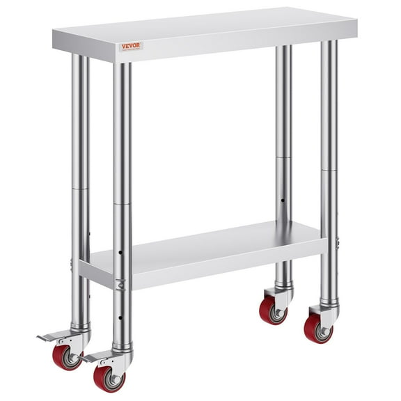Stainless Steel Commercial Kitchen Work Table 30x12x34 Inch 700 LBS Load Capacity Heavy Duty Food Prep Table with 4 Wheels 3 Adjustable Height Levels Silver