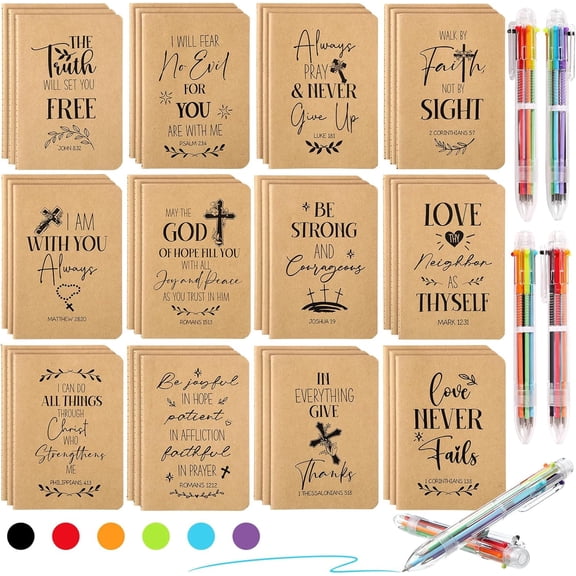 72 Pcs/ 36 sets A6 Bible Verse Notebooks Bulk Christian Prayer Journals with 0.5mm 6-in-1 Multicolor Ballpoint Pens Small Religious Notepads for Church Believer Appreciation Gifts