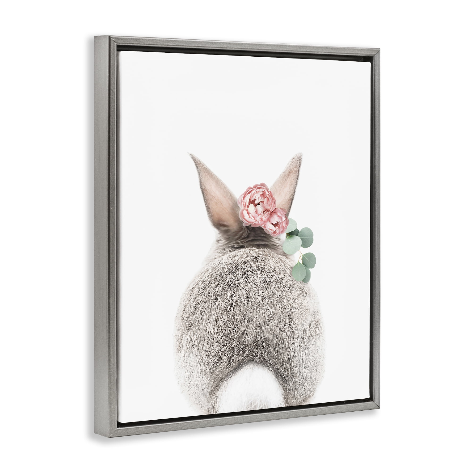 Stupell Industries Floral Bunny Tail Side Animals Painting Gray Floater Framed Canvas Art Print Wall Art, 25 x 31