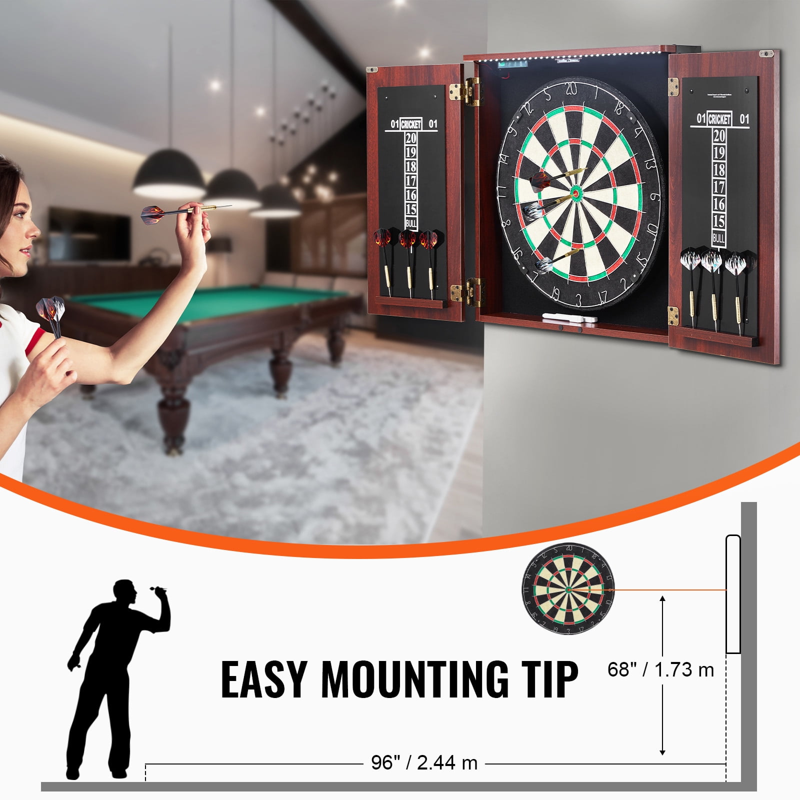 KFFKFF Dartboard with Cabinet Kit, Prepped Bundle of Official Dimension Dartboard Cabinet, Steel Point Dart Concealment Cabinet, Equipped with LED Illumination, Simple Set-Up