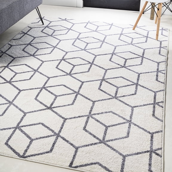 JONATHAN Y SUPERSOFT 8 x 10 Area Rug, Tumbling Blocks Modern Geometric - White/Gray, SEU101K-8