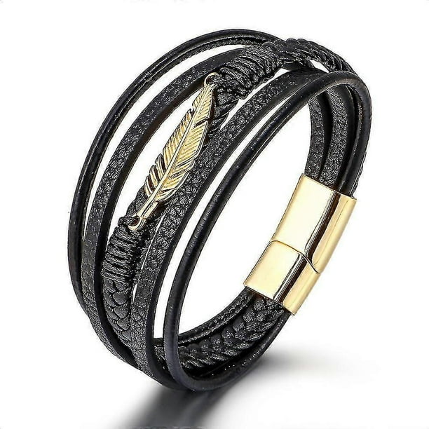 Men's Multilayer Leather Bracelet Magnetic Buckle Multilayer Wrap Men's Bracelet Stainless Steel Feather Bracelet Braided 1 Piece Gold