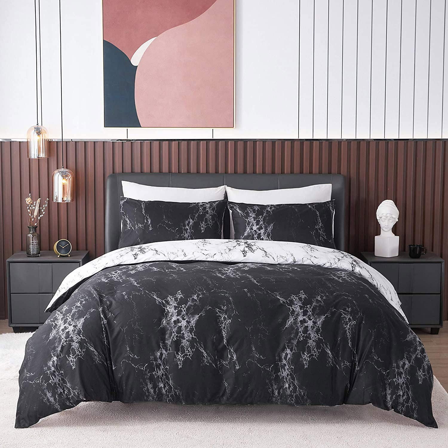 2 Pieces Black and White Marble Patterned Reversible Twin Bedding Sets