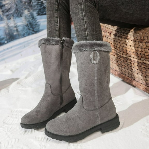 XIMIN Women's Winter Warm Fashion Zipper Suede Faux Fur Lined Mid-Calf Snow Boots Outdoor Warm Non-slip Side Zip Suede Leather Tall Boots